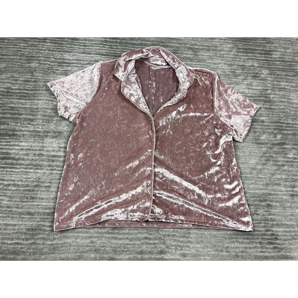 Danskin Top Womens Large Pink Crushed Velvet Short Sleeve Button Down Relaxed